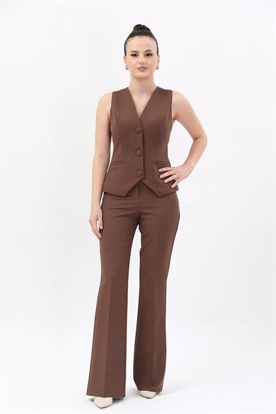 Klasik Yelek & İspanyol  Paça Pantolon Takım-Kestane