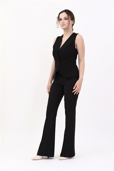 Klasik Yelek & İspanyol  Paça Pantolon Takım-Siyah