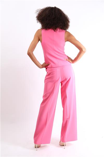 Klasik Yelek & Yüksek Bel Bol Paça Pantolon Takım-Pembe