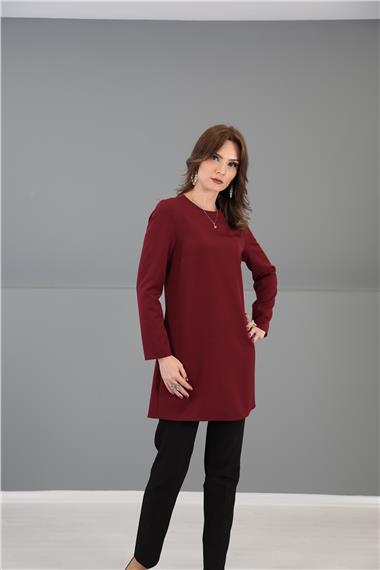 Sıfır Yaka Uzun Kol Bluz- Bordo