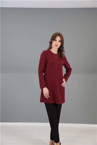 Sıfır Yaka Uzun Kol Bluz- Bordo