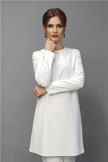 Sıfır Yaka Uzun Kol Bluz- Beyaz