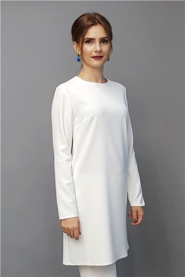 Sıfır Yaka Uzun Kol Bluz- Beyaz