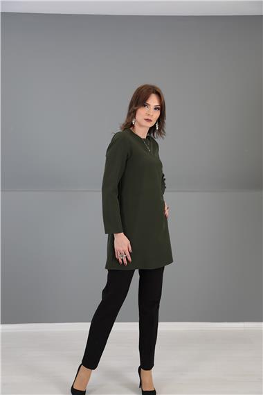 Sıfır Yaka Uzun Kol Bluz- Haki
