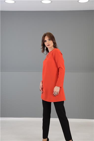 Sıfır Yaka Uzun Kol Bluz-Turuncu