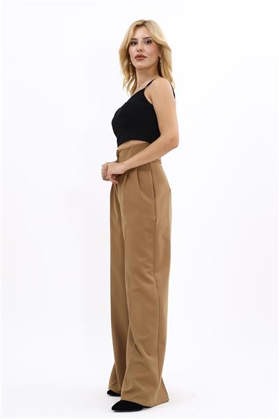 Korsaj Kemer Yüksek Bel Palazzo Pantolon-Camel