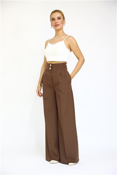 Korsaj Kemer Yüksek Bel Palazzo Pantolon-Kestane