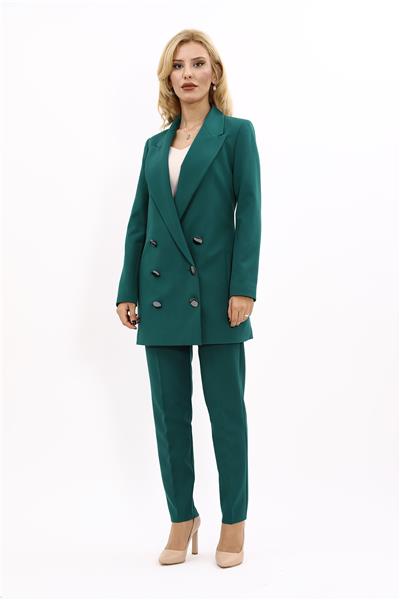 Kruvaze Uzun Tesettür Ceket & Dar Paça Pantolon Kadın Takım Elbise -Zümrüt