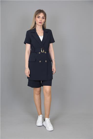 Kuşaklı Kısa Kollu Ceket & Duble Paça Şort-Lacivert
