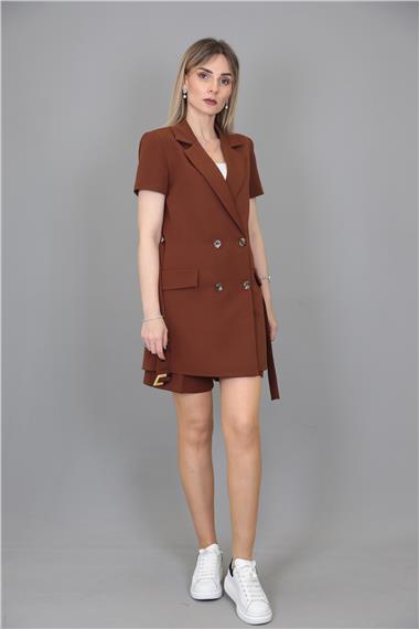 Kuşaklı Kısa Kollu Ceket & Duble Paça Şort-Kestane