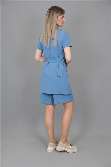 Kuşaklı Kısa Kollu Ceket & Duble Paça Şort-Deniz