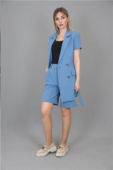 Kuşaklı Kısa Kollu Ceket & Duble Paça Şort-Deniz