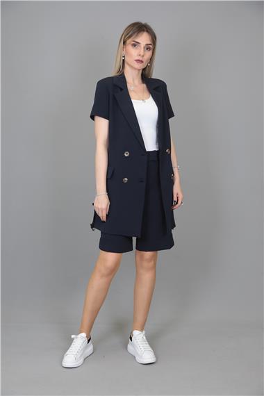 Kuşaklı Kısa Kollu Ceket & Duble Paça Şort-Lacivert
