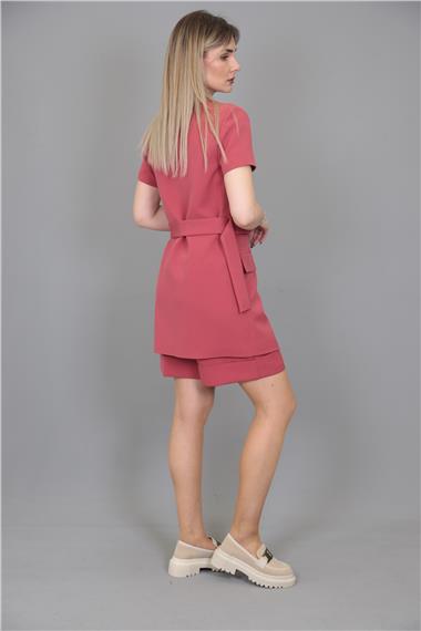 Kuşaklı Kısa Kollu Ceket & Duble Paça Şort-Kiremit