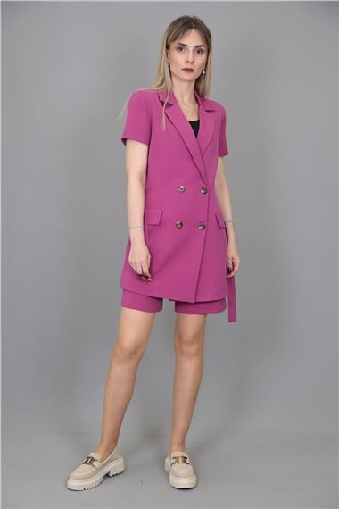 Kuşaklı Kısa Kollu Ceket & Duble Paça Şort-Fuşya