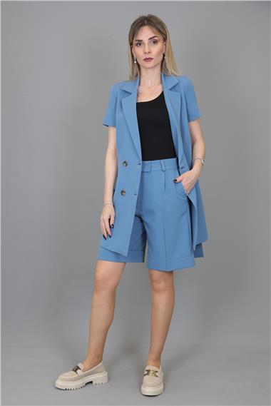 Kuşaklı Kısa Kollu Ceket & Duble Paça Şort-Deniz