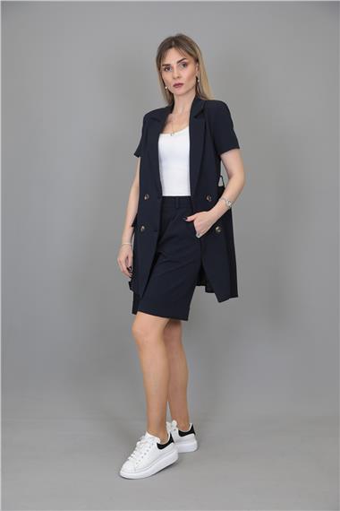 Kuşaklı Kısa Kollu Ceket & Duble Paça Şort-Lacivert