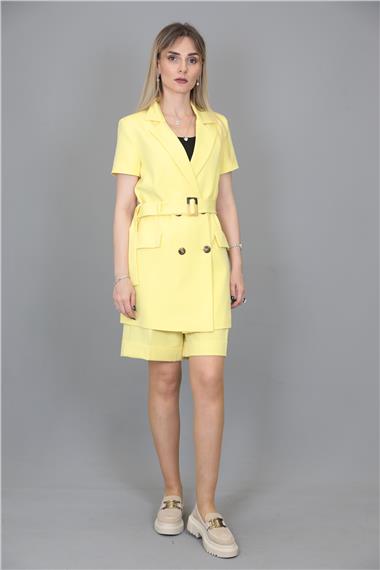 Kuşaklı Kısa Kollu Ceket & Duble Paça Şort-Sarı