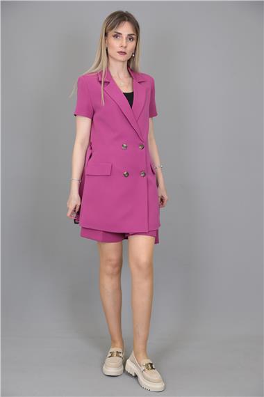 Kuşaklı Kısa Kollu Ceket & Duble Paça Şort-Fuşya