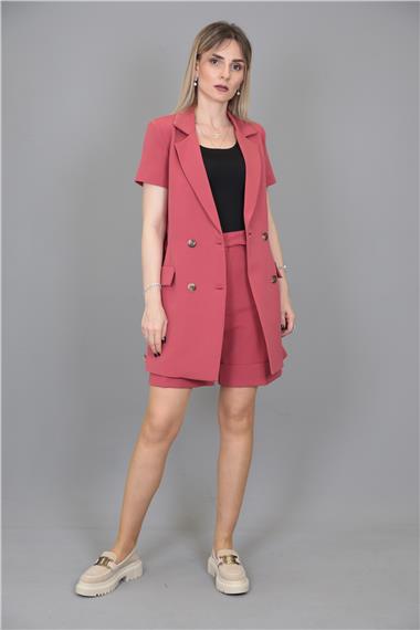 Kuşaklı Kısa Kollu Ceket & Duble Paça Şort-Kiremit