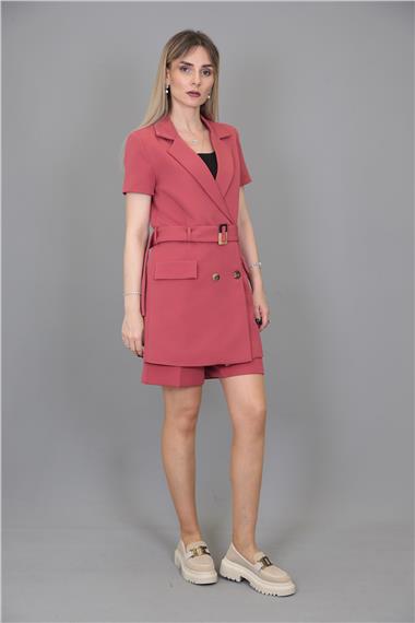 Kuşaklı Kısa Kollu Ceket & Duble Paça Şort-Kiremit