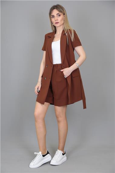 Kuşaklı Kısa Kollu Ceket & Duble Paça Şort-Kestane