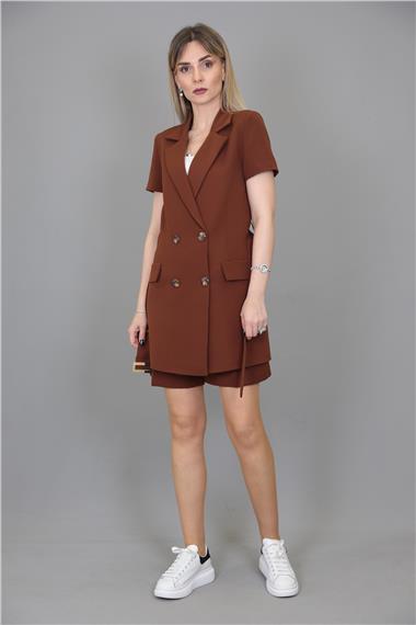 Kuşaklı Kısa Kollu Ceket & Duble Paça Şort-Kestane
