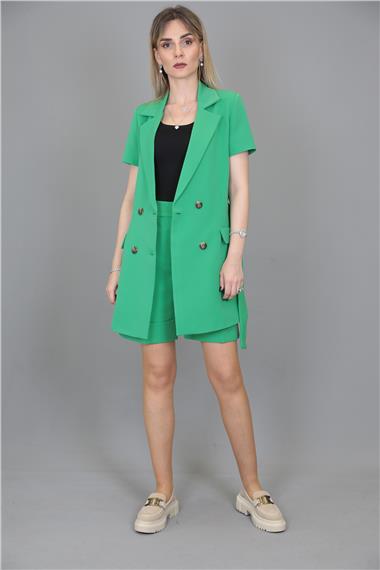 Kuşaklı Kısa Kollu Ceket & Duble Paça Şort-Yeşil