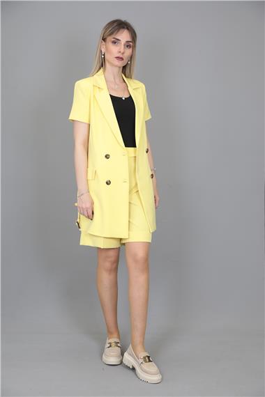Kuşaklı Kısa Kollu Ceket & Duble Paça Şort-Sarı