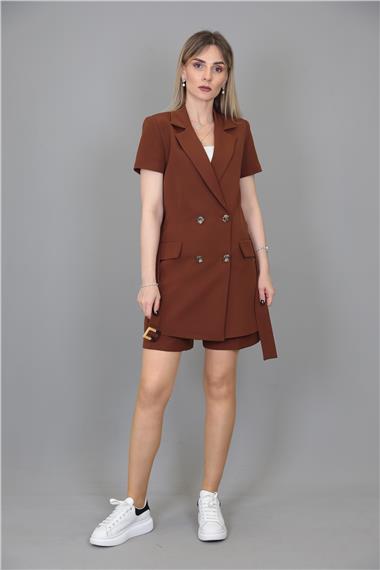 Kuşaklı Kısa Kollu Ceket & Duble Paça Şort-Kestane
