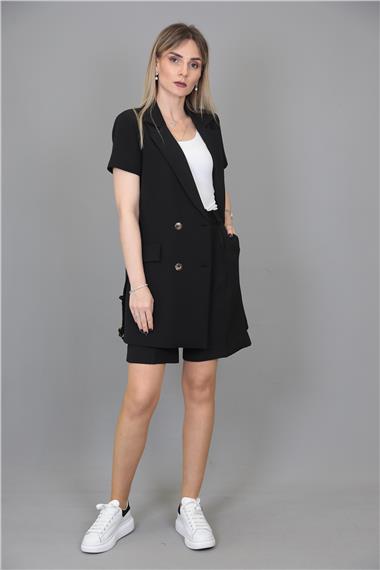 Kuşaklı Kısa Kollu Ceket & Duble Paça Şort-Siyah