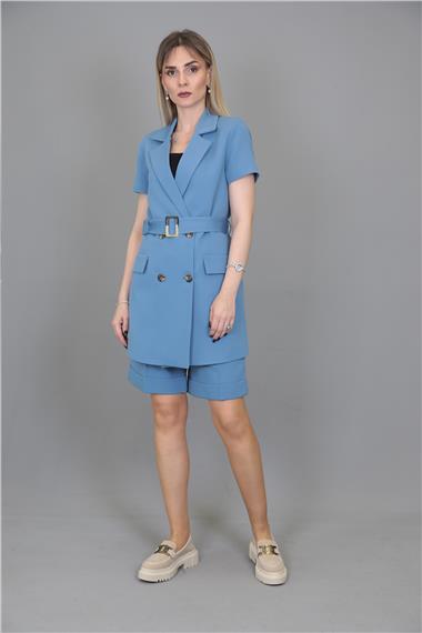 Kuşaklı Kısa Kollu Ceket & Duble Paça Şort-Deniz