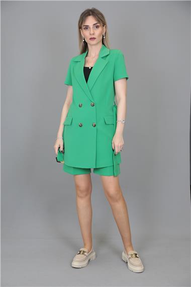Kuşaklı Kısa Kollu Ceket & Duble Paça Şort-Yeşil