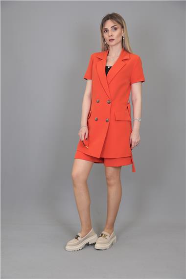 Kuşaklı Kısa Kollu Ceket & Duble Paça Şort-Turuncu