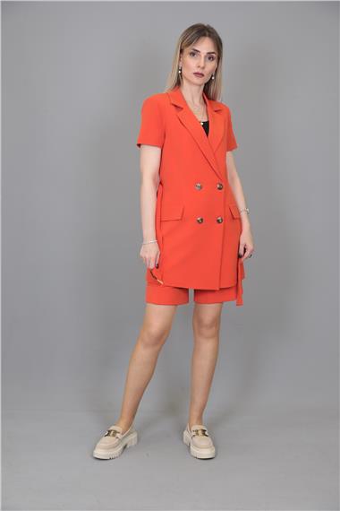 Kuşaklı Kısa Kollu Ceket & Duble Paça Şort-Turuncu