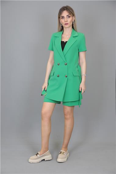 Kuşaklı Kısa Kollu Ceket & Duble Paça Şort-Yeşil
