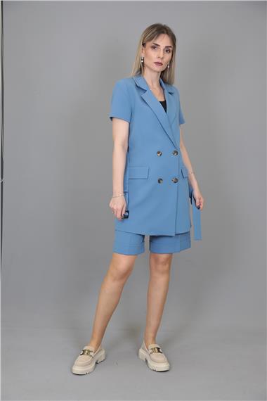 Kuşaklı Kısa Kollu Ceket & Duble Paça Şort-Deniz