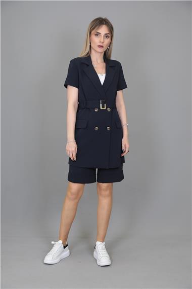 Kuşaklı Kısa Kollu Ceket & Duble Paça Şort-Lacivert