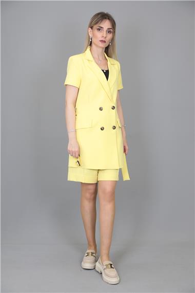 Kuşaklı Kısa Kollu Ceket & Duble Paça Şort-Sarı