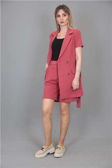 Kuşaklı Kısa Kollu Ceket & Duble Paça Şort-Kiremit