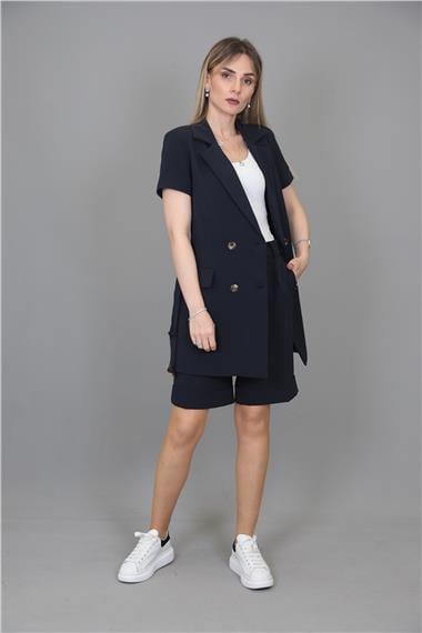 Kuşaklı Kısa Kollu Ceket & Duble Paça Şort-Lacivert