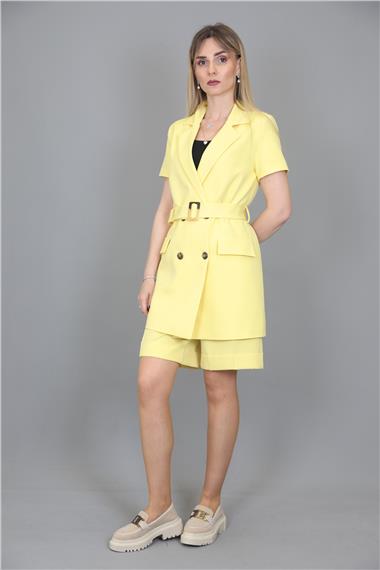 Kuşaklı Kısa Kollu Ceket & Duble Paça Şort-Sarı