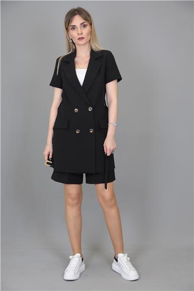 Kuşaklı Kısa Kollu Ceket & Duble Paça Şort-Siyah