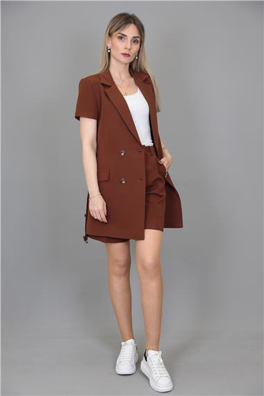 Kuşaklı Kısa Kollu Ceket & Duble Paça Şort-Kestane