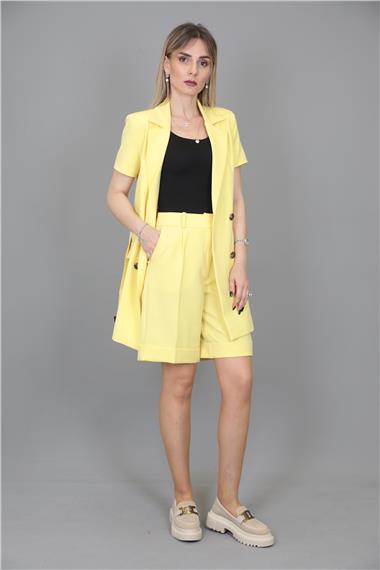 Kuşaklı Kısa Kollu Ceket & Duble Paça Şort-Sarı