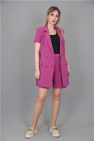 Kuşaklı Kısa Kollu Ceket & Duble Paça Şort-Fuşya
