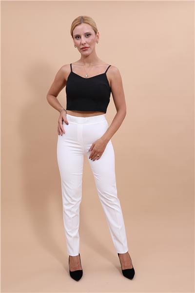 Lastikli Dar Paça Pantolon-Beyaz