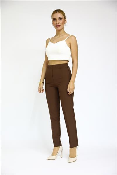 Lastikli Dar Paça Pantolon-Kestane