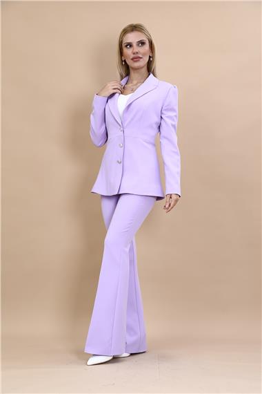 Erkek Yaka Kolu Büzgülü Ceket & İspanyol Paça Pantolon-Menekşe