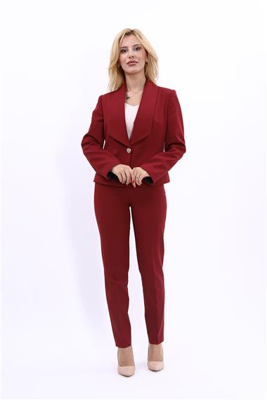 Amerikan Yaka Kısa Klasik Ceket & Dar Paça Pantolon-Bordo